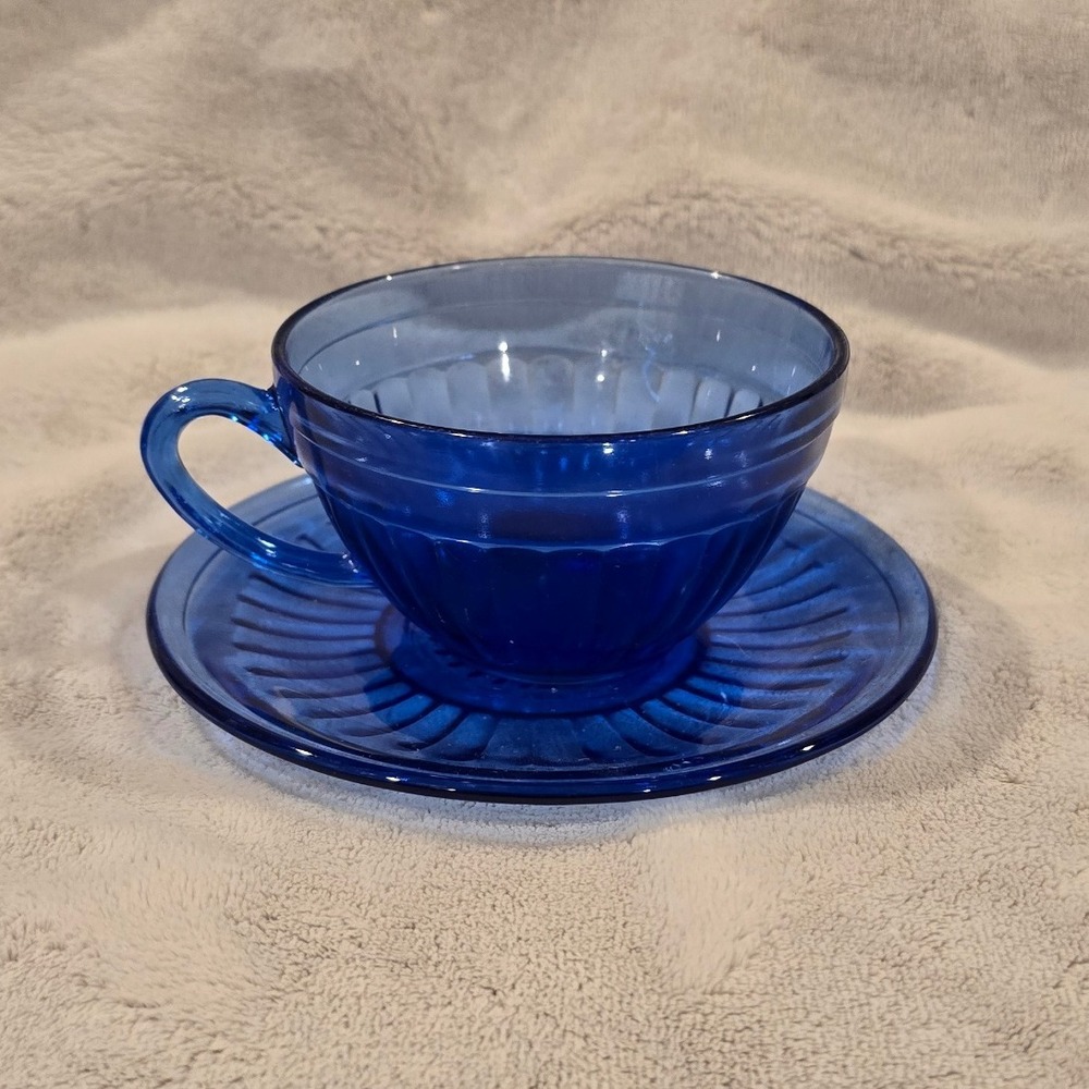 Vintage Hazel Atlas Aurora Cobalt‎ Blue Glass Tea Cup and Saucer Set